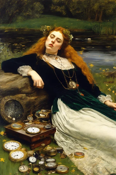 John Everett Millais Style - Ophelia of John Everett Millais, Ohelia is lying on the river and holding a phone, many clocks in the surrounding backgrounds
