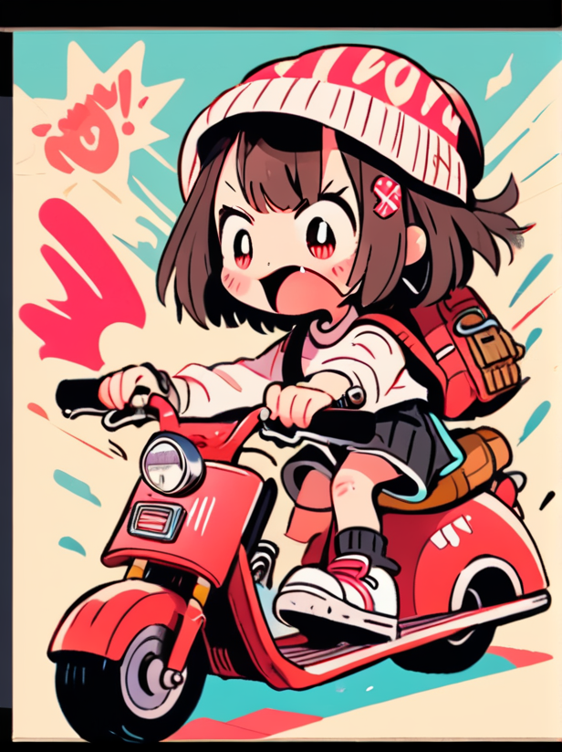 masterpiece, best quality,
cute doodle, 1girl, ground vehicle, backpack, motor vehicle, shorts, open mouth, hat, black shorts, shoes, bag, hair ornament, shirt, hairclip, solo, blush, white shirt, long sleeves, red eyes, sneakers, short hair, black hair, brown hair
 <lora:cutedoodle_XL-000012:0.8>