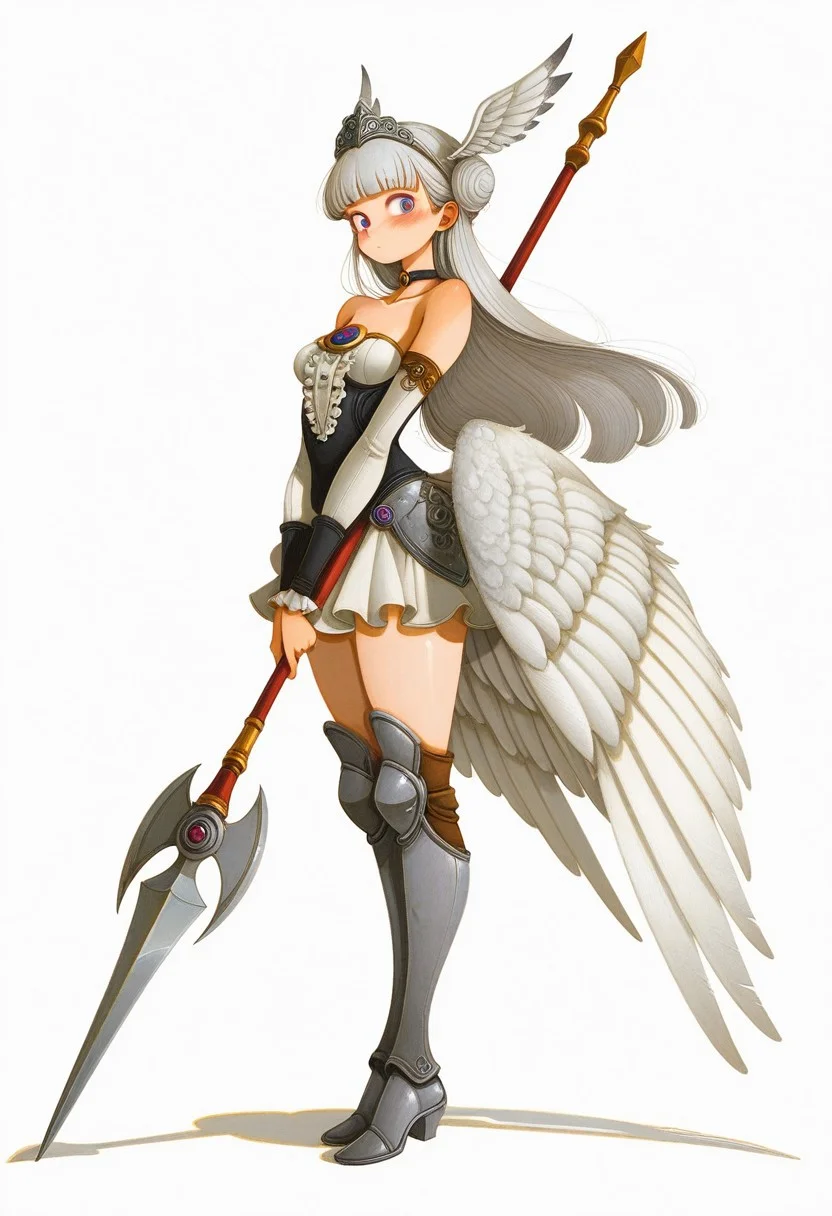 masterpiece, best quality, amazing quality, 
1girl, full_body, solo, vanillaware, valkyrie, purple_eyes, grey_hair, white_hair, blunt_bangs, single_hair_bun, head_wings, medium_breasts, bare_shoulders, wings, low_wings, multicolored_wings, feathered_wings, multiple_wings, tiara, hairband, feather_hair_ornament, choker, strapless_dress, armored_dress, short_dress, detached_sleeves, long_sleeves, leg_wings, frills, center_frills, armored_boots, thigh_boots, greaves, holding_polearm, spear, crescent, crystal, looking_at_viewer, standing, closed_mouth, blush, from_side, simple_background, white_background, 
fr-pi-il