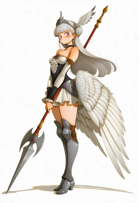 masterpiece, best quality, amazing quality,
1girl, full_body, solo, vanillaware, valkyrie, purple_eyes, grey_hair, white_hair, blunt_bangs, single_hair_bun, head_wings, medium_breasts, bare_shoulders, wings, low_wings, multicolored_wings, feathered_wings, multiple_wings, tiara, hairband, feather_hair_ornament, choker, strapless_dress, armored_dress, short_dress, detached_sleeves, long_sleeves, leg_wings, frills, center_frills, armored_boots, thigh_boots, greaves, holding_polearm, spear, crescent, crystal, looking_at_viewer, standing, closed_mouth, blush, from_side, simple_background, white_background,
fr-pi-il
