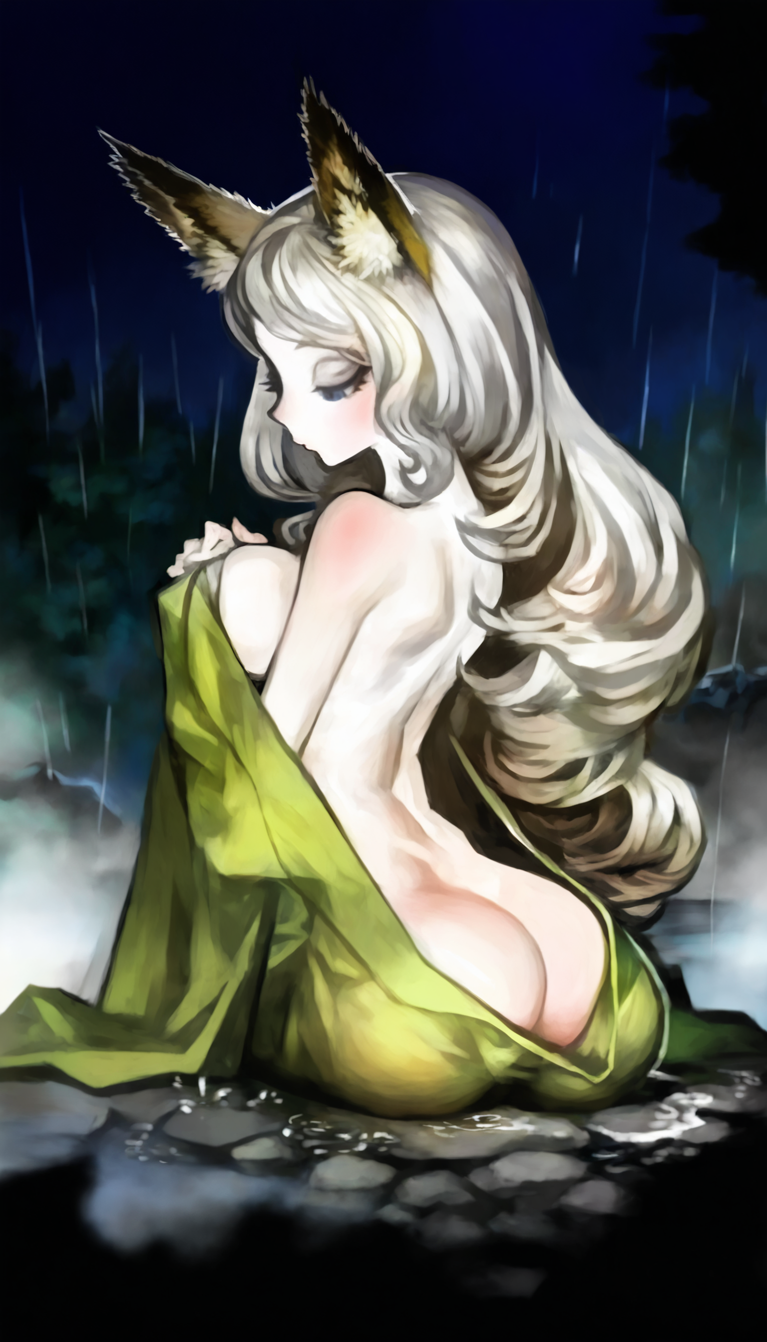 masterpiece,best quality,amazing quality,
<lora:yuzuruhaNAI>,yuzuruha,mature,
1girl,solo,pale skin,
white hair,long hair,wavy hair,fox ears,blue eyes,
green kimono,(topless:1.2),
upper body,sitting,
from side,leaning forward,looking down,covering breasts,
body blush,(ass:1.1),backless,(ass exposure:1.1),closed eyes,
wet clothes,
rain,(wet:1.1),(dripping:1.1),sticky,sweaty,
outdoors,night,fog,depth of field,dark,vignetting,fog,forest,rock,hands on ground,onsen,