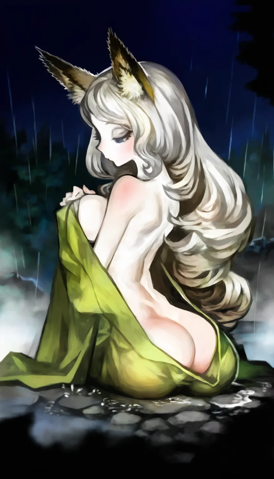 masterpiece,best quality,amazing quality,
<lora:yuzuruhaNAI>,yuzuruha,mature,
1girl,solo,pale skin,
white hair,long hair,wavy hair,fox ears,blue eyes,
green kimono,(topless:1.2),
upper body,sitting,
from side,leaning forward,looking down,covering breasts,
body blush,(ass:1.1),backless,(ass exposure:1.1),closed eyes,
wet clothes,
rain,(wet:1.1),(dripping:1.1),sticky,sweaty,
outdoors,night,fog,depth of field,dark,vignetting,fog,forest,rock,hands on ground,onsen,
