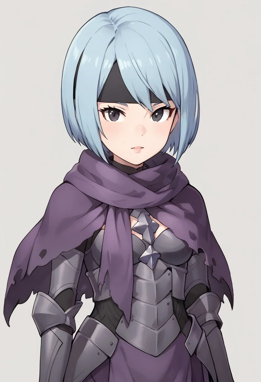 antiBlurV2, high quality, solo, Beruka, light blue hair, short hair, black eyes, purple scarf, headband, princess (outfit),