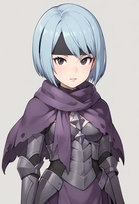 antiBlurV2, high quality, solo, Beruka, light blue hair, short hair, black eyes, purple scarf, headband, princess (outfit),