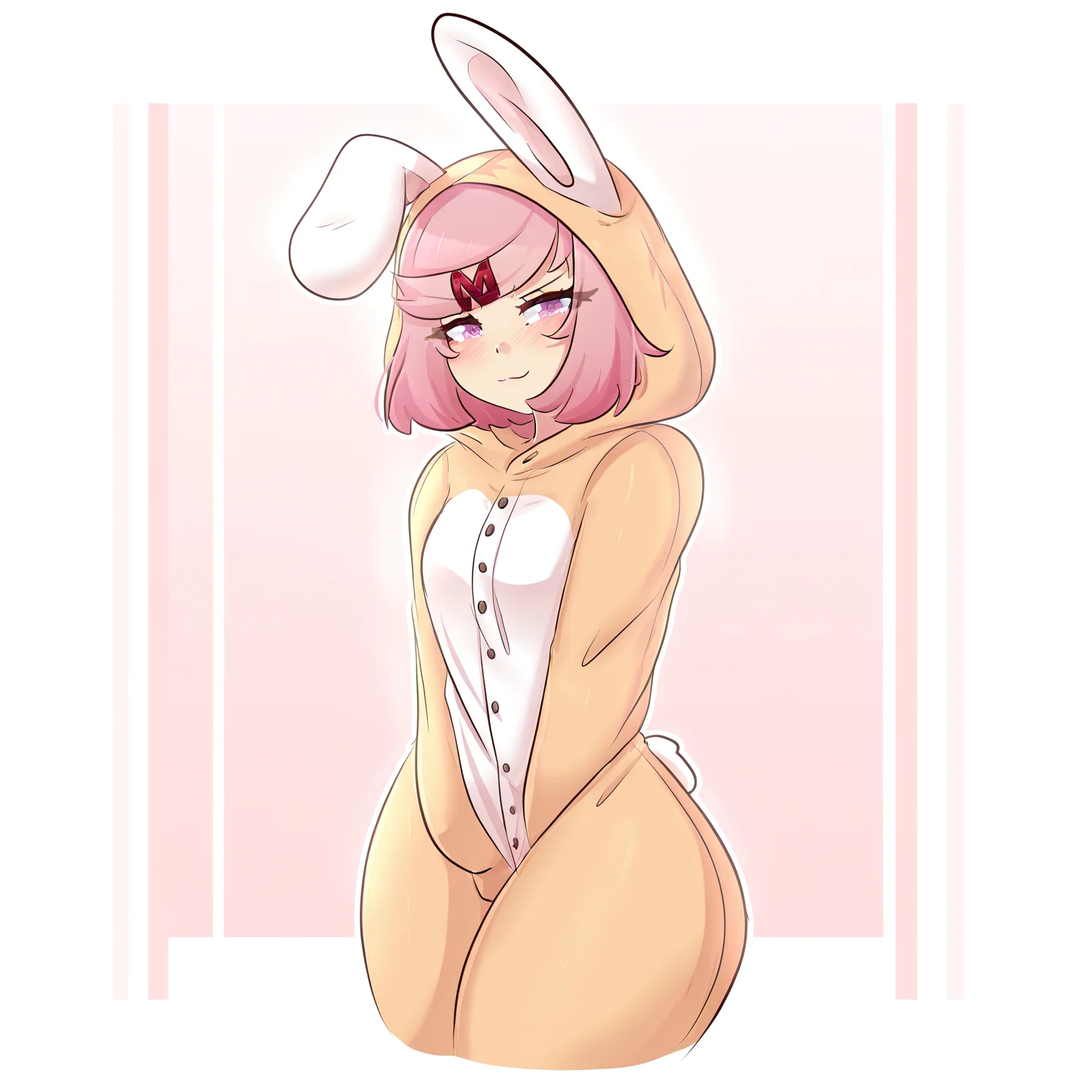 masterpiece, best quality, amazing quality, very aesthetic, absurdres, newest,
<lora:RaionArt_style_ILLUST-000012:1> raionart,
1girl, solo, natsuki \(doki doki literature club\), pink eyes, pink hair, short hair, red hairclip,
onesie, bunny onesey, hood, rabbit ears, fake animal ears, small breasts,
blush, tsundere, shy, light smile, happy, looking at viewer,
outstretched arms,