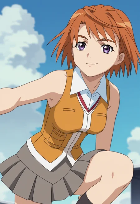 score_9, score_8_up, score_7_up, source_anime,
BREAK
1girl, solo, anime screencap, anime coloring,
<lora:shiMaiTokihaV1:1>, shimaiother, orange hair, purple eyes, short hair,
sleeveless shirt, school uniform, orange vest, bare shoulders,
pleated skirt, black socks,
looking at viewer, smile,