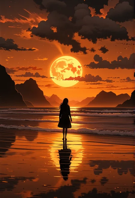golden hour scene of a wanderer silhouetted against the vast sky. The scene showcases sun rays breaking through misty clouds, with rolling mountains in the background. The lighting casts soft, warm glows, enhancing the surreal beauty of the landscape. The figure is dressed in bohemian attire, adding a mysterious allure. Small details, like waves gently lapping at the shore, bring an extra layer of magic and realism to the scene.}bv-stuanilan<lora:bv-stunning-anime-landscape-v1.safetensors:1.0:1.0>