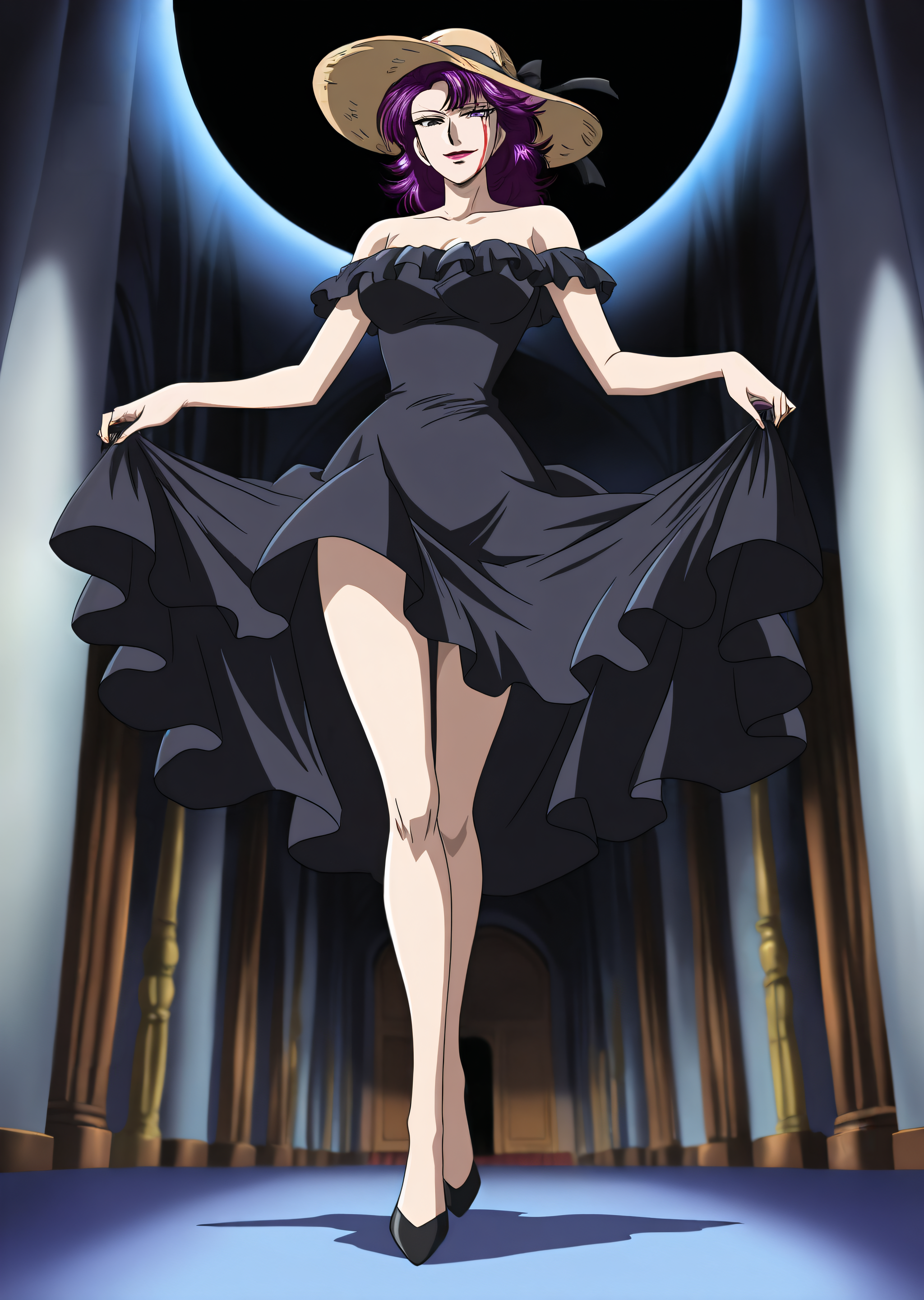 best quality, very aesthetic, absurdres, zPDXL, depth of field, volumetric lighting, BREAK
full body,  
perfect face, ultra-detailed face, perfect eyes, detailed eyes, light smile, 
1girl, solo,
<lora:lady_joe:0.8>ladyjoe, purple hair, black short dress, off-shoulder dress, black sun hat, black highres,