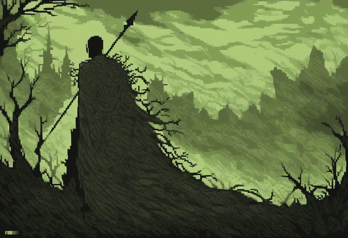 score_9,score_8_up,score_7_up
green theme, 
solo, knight, spear,
foreshortening, warped perspective, fisheye,
bosstyle, 
collumns, foliage, 
smoke, 
red sigils, magical sigils, 
pixel, commodore, 
terror, horror, eerie,
female focus, cape, from behind, 
(((teal))), mist, fog, haze, 
pixel,