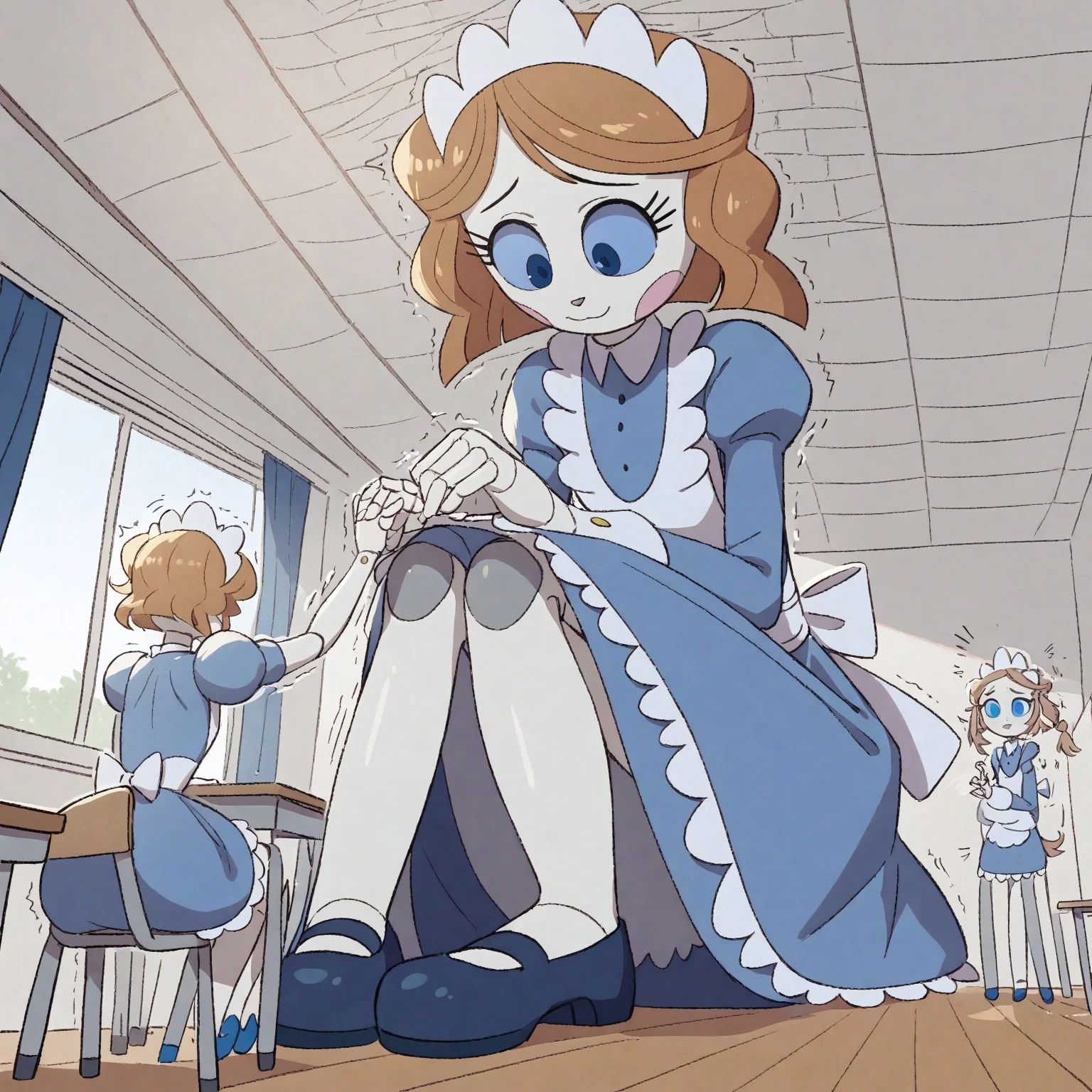 Score_9_up, score_8_up, score_7_up, 1girl, emmytr, blue eyes, solo, robot, brown hair, maid uniform, maid headdress, cute, blue shoes,
head touching ceiling, looking down at the viewer, facing viewer, sitting on the floor, hunched over, body pressed against ceiling, giantess inside room, growing too big, growing very large, huge woman, large woman, massive growth spurt, growth lines, motion lines, uncontrolled growth, size difference, growth, back to wall,
indoors, school classroom, knocked over desks,
<lora:minigts:1> mesogts, minigts, <lora:cramped_growth:1> growth, very cramped, low ceiling, (head touching ceiling), trembling, motion lines, small people in the foreground,