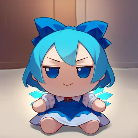 score_9, score_8_up, score_7_up, fumo \(doll\), chibi, solo, 1girl, cirno, smirk, closed mouth, sitting, short blue hair, hair bow, blue eyes, blue pinafore dress, white shirt, puffy short sleeves, ice wings <lora:style_toyfumo_ponyXL-000006:1>