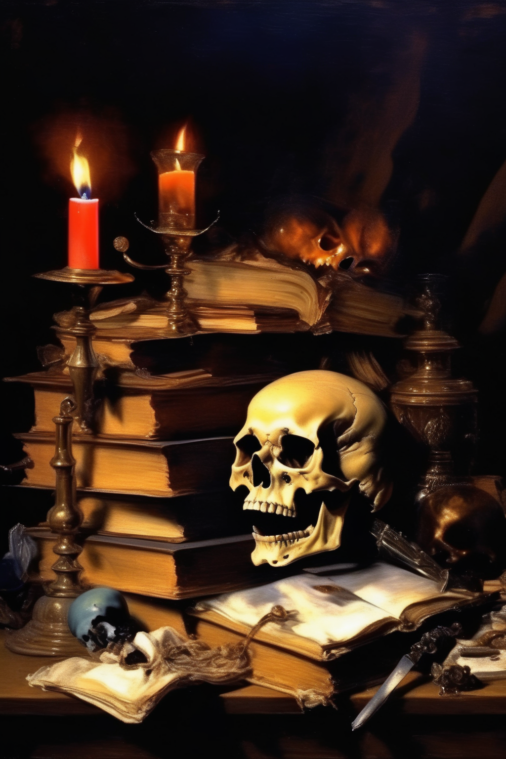 <lora:Pieter Claesz Style:1>Pieter Claesz Style - a still life with a skull, a burning candle, stacks of books and other trinkets in the style of John Singer Sargent