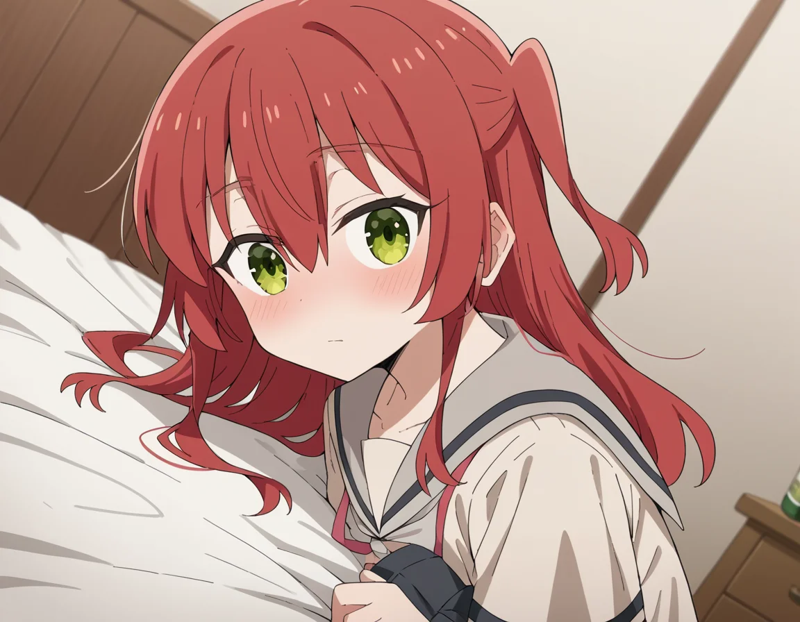 score_9, score_8_up, score_7_up, source_anime,
kitaikuyo, <lora:ikuyo-kita-s1-ponyxl-lora-nochekaiser:1>,
ikuyo kita, green eyes, hair between eyes, long hair, one side up, red hair,
black skirt, grey sailor collar, pleated skirt, sailor collar, school uniform, short sleeves, shuka high school uniform, skirt,
indoors, bed, bed room, on side, blush, drunk,
cowboy shot, solo, dutch angle, looking at viewer,