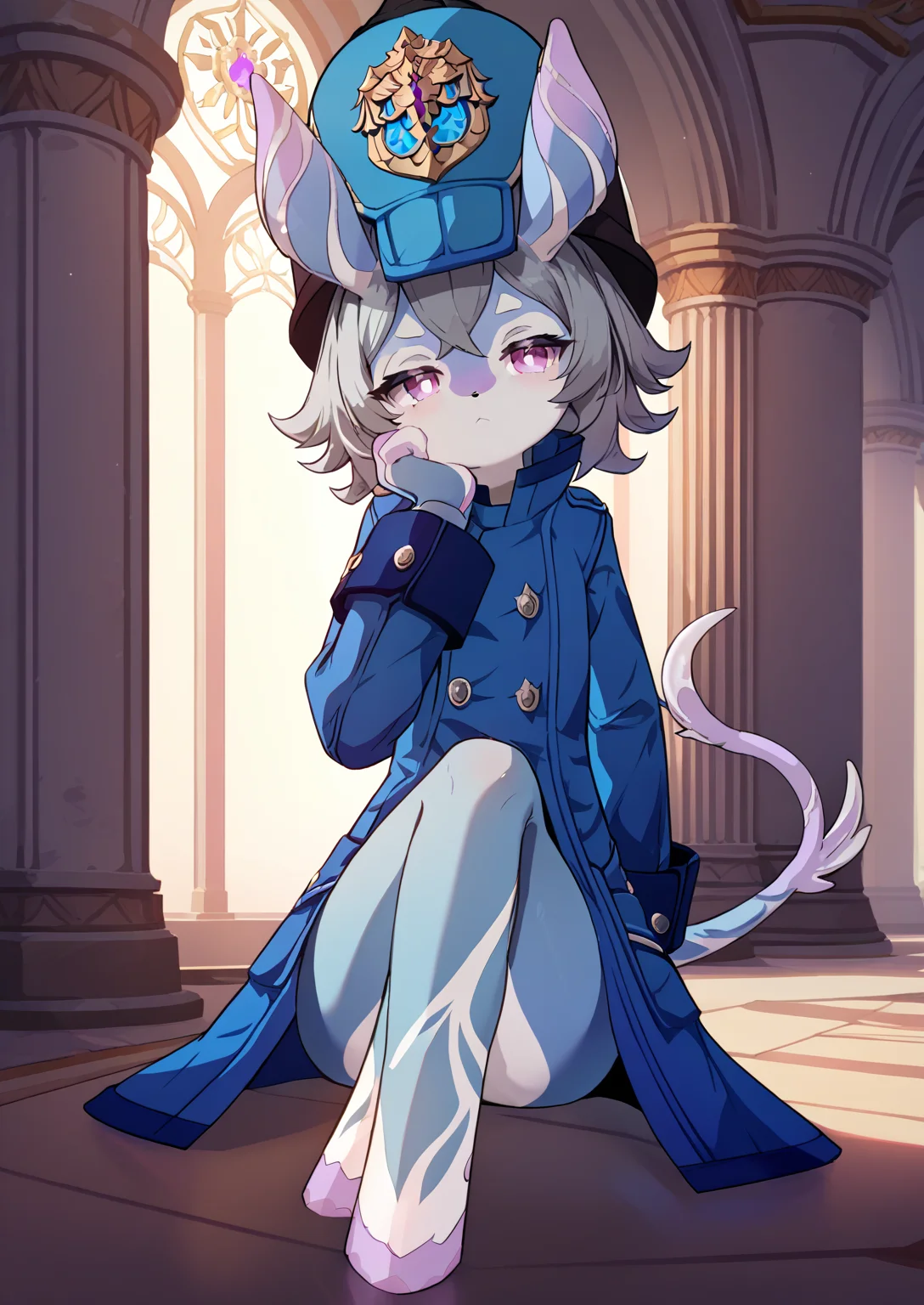 <lora:Anime Style 2 SDXL_LoRA_Pony Diffusion V6 XL:0.5>, score_9, score_8_up, score_7_up, source_anime, (masterpiece, best quality:1.2), extremely detailed, soft ambient lighting, sharp focus, 4K, BREAK <lora:MelusineV4SDXL:1>, 1girl, solo, melusine, blue skin, purple skin, grey hair, pink eyes, straight ears, thin tail, police uniform, blue jacket, blue helmet, BREAK standing, sitting on ground, crossed legs, bored, looking at viewer