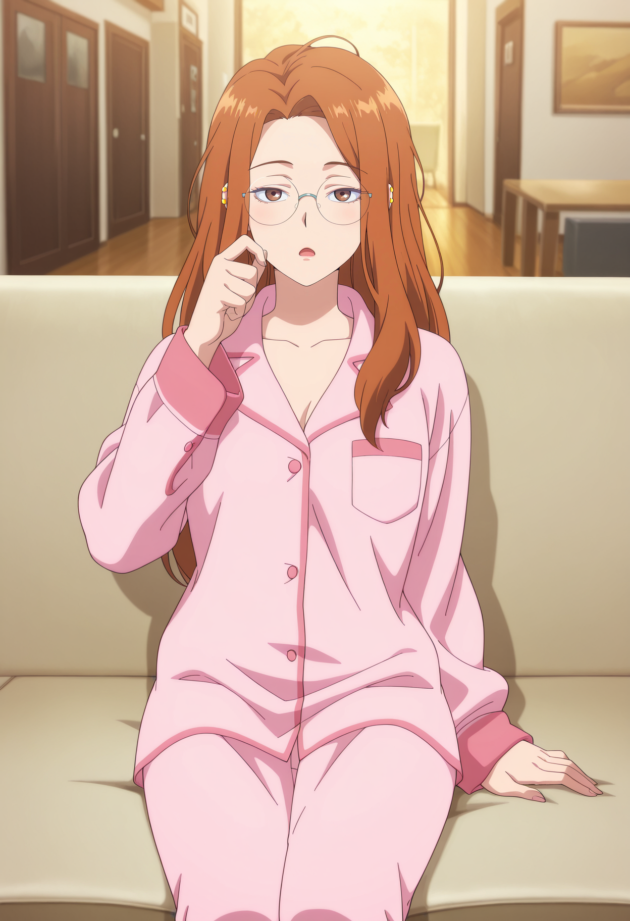 1girl,solo,mm,mature female,long hair,brown hair,brown eyes,ear piercing,anime coloring,
glasses,pajamas,sleepy,looking at viewer, sitting,on couch,open mouth,indoors
,masterpiece,best quality,amazing quality,<lora:Ira_Choi-The_Girl_Downstairs:0.8>