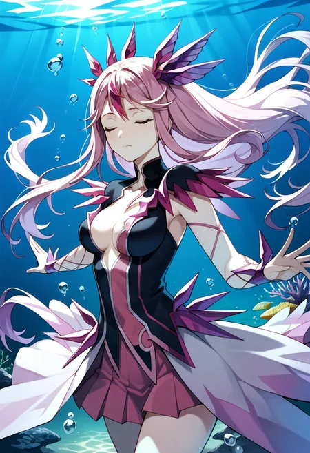 score_9,score_8_up,score_7_up,source_anime, Mana Ouma (Apocalypse),1girl,solo,long hair,breasts,skirt,hair ornament,dress,closed mouth,medium breasts,closed eyes,pink hair,floating hair,underwater,