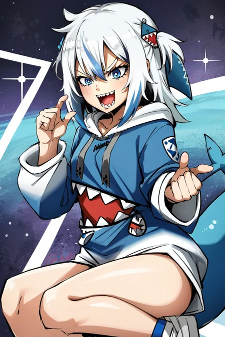 best quality, intricate details, 

1girl, white hair, blue eyes, sharp eyes,messy hair, blue highlights, sharp teeth, 

blue hoodie, shark teeth design, bare legs, hair ornament, gawr gura, shark girl, shark tail, shark print, blue hoodie, sharp teeth, shark hair ornament,  <lora:gawrGuraHololive_v3:0.8>     <lora:konoDIODAITWASMEDIO_v10IntialRelease:0.8> biwm, pointing_at_self, shouting, angry,