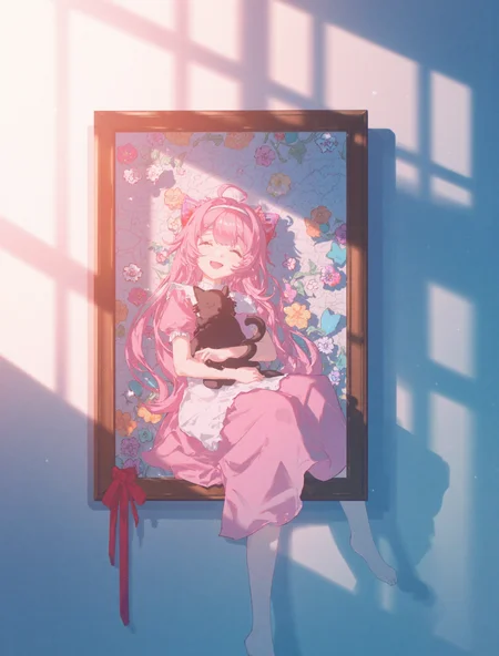 b74_aes, light and shadow, [blue theme and lighting::8], happy grin, this is a picture in picture frame on wall, a young girl with pink hair and a big bow on her head. She is sitting on a bed of colorful flowers and leaves. The girl is wearing a pink dress with a white apron and has a big smile on her face. She has long pink hair that is styled in loose waves and is holding a( black cute cat )in her arms. The background is white with a floral pattern and there is a red ribbon tied around the edges of the frame. sunset light, window shadow on wall anime style, <lora:aesthetical_epoch_3:1.3>  <lora:AnimeLight-v2-000103:.4>