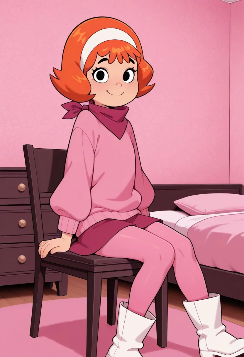 masterpiece, best quality, amazing quality, Daphne_Pup, orange hair, black eyes, Pink sweater, dark pink neckerchief, white hairband, dark pink skirt, pink tights, white boots, indoors, solo, 1girl, girl's bedroom, pink wallpaper, sitting, chair, looking at viewer, smile, closed mouth,