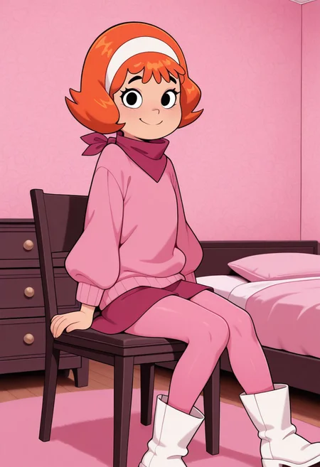 masterpiece, best quality, amazing quality, Daphne_Pup, orange hair, black eyes, Pink sweater, dark pink neckerchief, white hairband, dark pink skirt, pink tights, white boots, indoors, solo, 1girl, girl's bedroom, pink wallpaper, sitting, chair, looking at viewer, smile, closed mouth,