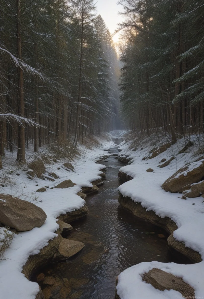 film photography, Exaggerated realistic, ultra detailed, score_9, score_8_up, score_7_up, digital Forest, scenery, outdoors, tree,sky, (clouds:0.3), nature, forest, creek, moss-covered rocks, sunlight streaming through leaves, winter, snow, snowy.matrix, matrix codes,codeandigital,digital world, digital, science fiction,