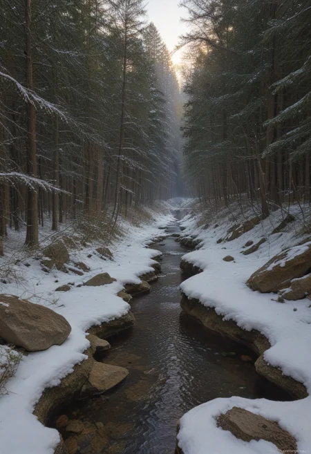 film photography, Exaggerated realistic, ultra detailed, score_9, score_8_up, score_7_up, digital Forest, scenery, outdoors, tree,sky, (clouds:0.3), nature, forest, creek, moss-covered rocks, sunlight streaming through leaves, winter, snow, snowy.matrix, matrix codes,codeandigital,digital world, digital, science fiction,