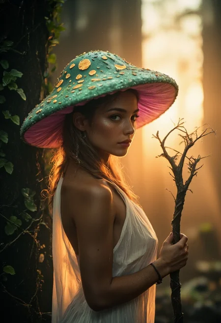 Side View Portrait, Female hknature Mushroom Fairy, an enchanting figure with a large, colorful mushroom hat glowing in green-turquoise and pink hues, housing numerous tiny creatures. Her freckled face adds a touch of innocence and charm, while her see-through blouse gently reveals her curvaceous form in the soft, golden evening light.
In one hand, she holds a twisted wooden staff that radiates a soft, magical glow, casting delicate light around her, as if she’s conjuring a spell. The ivy-covered arm holding the staff glows faintly, reinforcing her deep connection to nature. She gazes at the viewer with an expectant expression, her glowing eyes reflecting curiosity and a sense of quiet anticipation.
The scene is set in front of a towering, moss-covered ruin as the last rays of the sun stream through its crumbling walls, bathing the environment in a warm, atmospheric glow. Her translucent, flowing hair drifts gently in the air, as the light from her staff mingles with the evening sun, creating a magical interplay of colors. The mushroom fairy, with her radiant hat, freckles, and mystical aura, embodies both nature and magic, filling the scene with an ethereal, captivating beauty.