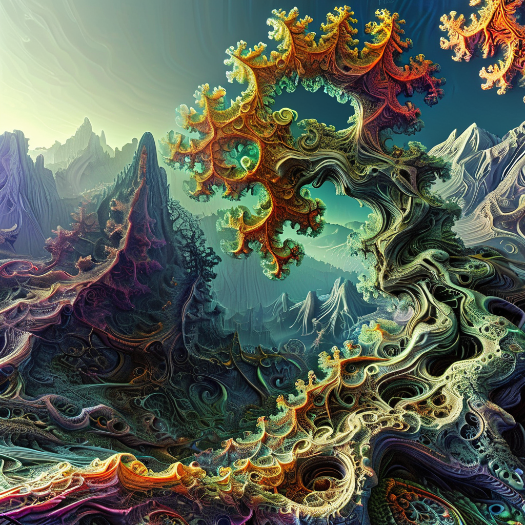 fractalex  landscape in the foreground, old tree, town and mountains in the background<lora:fractalex:1>