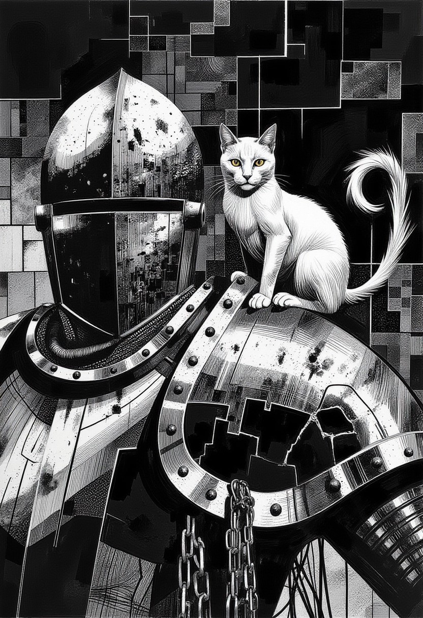 Art by Sergio Toppi, graphic illustration, gritty, distressed, monochrome palette, ckbwaw, a digital artwork in the style of ckbwaw. A medieval knight clad in battle-worn blackened steel armor stands in a dim stone chamber, the surface of his plate marked by deep scratches, dents, and intricate filigree that catches the flickering torchlight. His helmet, adorned with elaborate gothic engravings, has a partially raised visor, revealing sharp, shadowed eyes beneath the heavy steel. The thick chainmail beneath the armor drapes over his shoulders, its interwoven links worn and tarnished. A Persian cat, its luxurious white fur stark against the knight’s dark armor, sits poised on his pauldron, its amber eyes gleaming with an almost otherworldly intelligence. The cat’s tail curls slightly, its fur ruffled by the cold, stagnant air of the chamber. Cracked stone walls loom in the background, worn smooth by time, their rough surfaces illuminated by the unsteady glow of torches casting deep, jagged shadows. Light and darkness clash, harsh contrasts emphasizing the rugged, battle-hardened form of the knight and the ethereal presence of the feline, the entire composition imbued with a raw, expressive intensity.