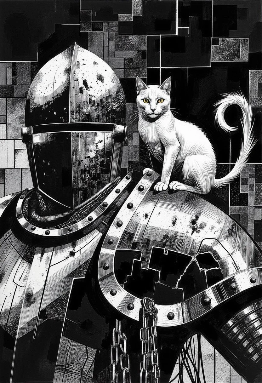 Art by Sergio Toppi, graphic illustration, gritty, distressed, monochrome palette, ckbwaw, a digital artwork in the style of ckbwaw. A medieval knight clad in battle-worn blackened steel armor stands in a dim stone chamber, the surface of his plate marked by deep scratches, dents, and intricate filigree that catches the flickering torchlight. His helmet, adorned with elaborate gothic engravings, has a partially raised visor, revealing sharp, shadowed eyes beneath the heavy steel. The thick chainmail beneath the armor drapes over his shoulders, its interwoven links worn and tarnished. A Persian cat, its luxurious white fur stark against the knight’s dark armor, sits poised on his pauldron, its amber eyes gleaming with an almost otherworldly intelligence. The cat’s tail curls slightly, its fur ruffled by the cold, stagnant air of the chamber. Cracked stone walls loom in the background, worn smooth by time, their rough surfaces illuminated by the unsteady glow of torches casting deep, jagged shadows. Light and darkness clash, harsh contrasts emphasizing the rugged, battle-hardened form of the knight and the ethereal presence of the feline, the entire composition imbued with a raw, expressive intensity.