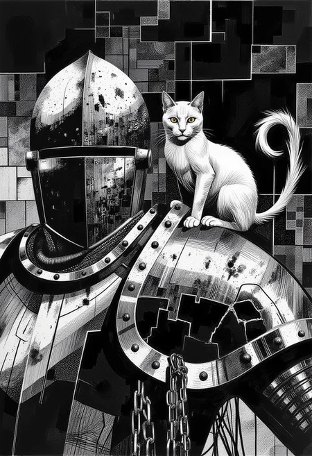 Art by Sergio Toppi, graphic illustration, gritty, distressed, monochrome palette, ckbwaw, a digital artwork in the style of ckbwaw. A medieval knight clad in battle-worn blackened steel armor stands in a dim stone chamber, the surface of his plate marked by deep scratches, dents, and intricate filigree that catches the flickering torchlight. His helmet, adorned with elaborate gothic engravings, has a partially raised visor, revealing sharp, shadowed eyes beneath the heavy steel. The thick chainmail beneath the armor drapes over his shoulders, its interwoven links worn and tarnished. A Persian cat, its luxurious white fur stark against the knight’s dark armor, sits poised on his pauldron, its amber eyes gleaming with an almost otherworldly intelligence. The cat’s tail curls slightly, its fur ruffled by the cold, stagnant air of the chamber. Cracked stone walls loom in the background, worn smooth by time, their rough surfaces illuminated by the unsteady glow of torches casting deep, jagged shadows. Light and darkness clash, harsh contrasts emphasizing the rugged, battle-hardened form of the knight and the ethereal presence of the feline, the entire composition imbued with a raw, expressive intensity.
