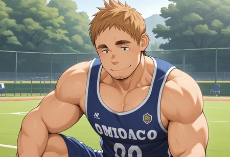 masterpiece,best quality,absurdres,newest,perfect quality,best quality,absolutely eye-catching,detailed background,intricate details,male focus,solo,Ishikawa EIKISHI, 1boy, Brown hair,black eyes, thick eyebrows, facial hair, muscular body,outdoors,soccer tank top, smile,