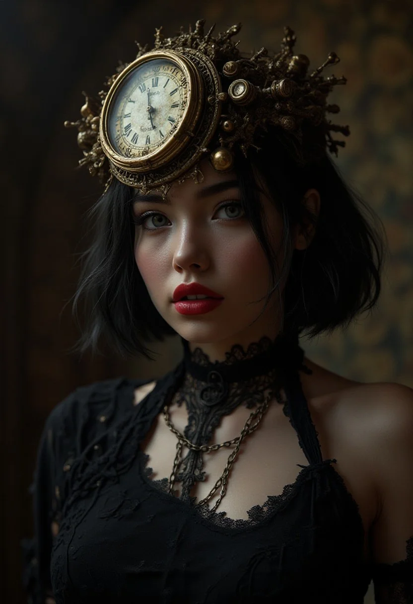Midjourney style, Cinematic style, high fidelity, realism, chiaroscuro,
(score_9,score_8_up,score_7_up,score_6_up), BREAK
a woman with a clock on her head, an ultrafine detailed painting by Ross Tran, cgsociety, gothic art, clockwork woman, tom bagshaw artstyle, artstyle tom bagshaw,BREAK, Also image contains:1girl, solo, looking at viewer, short hair, black hair, dress, ribbon, closed mouth, upper body, black dress, black eyes, parted bangs, grey eyes, lips, black ribbon, cropped torso, red lips, clock, roman numeral,