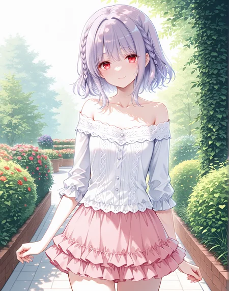 masterpiece,best quality,newest,absurdres,highres,soft shadows,year2024,mutou kurihito,(kimishima ao:0.7),(hiten \(hitenkei\):0.4),(sheya:0.4),
<lora:AsukaXLNAI:1>,asukaminato,red eyes,braid,light purple hair,short hair,smile,
<lora:misakioffXLNAI:1>,offshirt,off-shoulder shirt,collarbone,microskirt,pink skirt,layered skirt,
standing,garden,