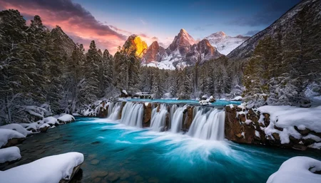 amazing photograph of gorgeous view, award winning, breathtaking, photo of the year, 4k, hyperrealistic, dramatic lighting <lora:Earth35_000010:0.4> <lora:Landscape_Unleashed:0.8>
In the image, there is a waterfall cascading into a river, which appears to be of mountain origin. The scene is set against a backdrop of mountains, which are covered in snow. The setting looks like a serene and picturesque landscape where one could relax and enjoy nature's beauty.