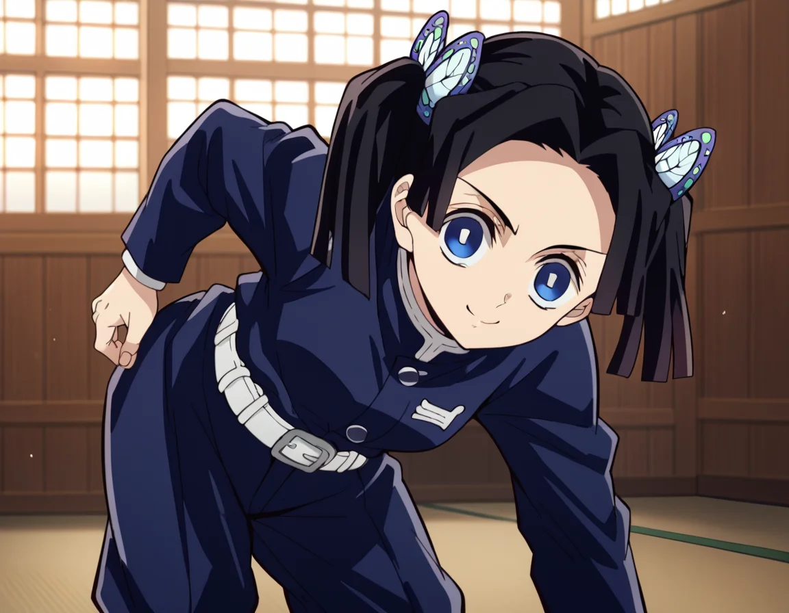 score_9, score_8_up, score_7_up, source_anime,
aoikanzaki, <lora:aoi-kanzaki-anime-ponyxl-lora-nochekaiser:1>,
aoi kanzaki, blue eyes, black hair, hair ornament, twintails, butterfly hair ornament,
long sleeves, belt, pants, blue jacket, white belt, demon slayer uniform, blue pants,
indoors, dojo, bent over, smile,
solo, looking at viewer, cowboy shot, dutch angle,