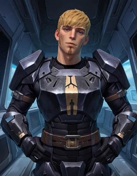 masterpiece, best quality, newest, perfect quality, intricate details, detailed background, male focus, realistic, solo, <lora:SWTOR - Torian Cadera - Illustrious-000005:0.8>, tcadera, 1boy, mature male, blonde hair, very short hair, side burns, goatee, blue eyes, cheek scars, breastplate, shoulder armor, spacecraft interior, come hither, head tilt, gauntlets, gloves, belt, leg armor, hands on hips, night, upper body, space, looking at viewer