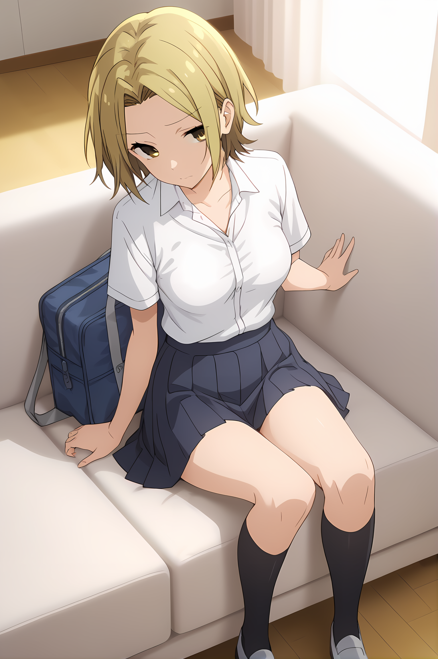 (school uniform skirt white shirt black socks uwabaki), hm-yoshikawa, blonde hair, short hair, parted bangs, yellow eyes, medium breasts, 1girl, solo, skinny, score_9, score_8_up, score_7_up, score_6_up, score_5_up, source_anime, lewd, living room, (1.3::full body|sitting|standing|lying|0.6::close-up| :1.20), , <lora:hm-yoshikawa-V01-000003:0.90>