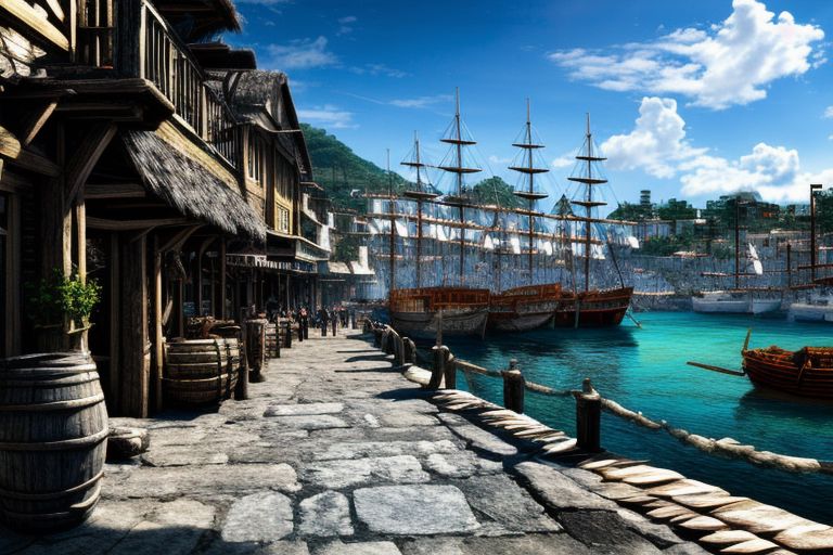 (masterpiece:1.2), (best quality,:1.2), 8k, HDR, ultra detailed, ((photorealistic)), perfect anatomy, professional light, cinematic lighting, fashion photography, ambient lighting, pire, ships, pier, outside a tavern over looking a busy harbor in the caribbean, noon
