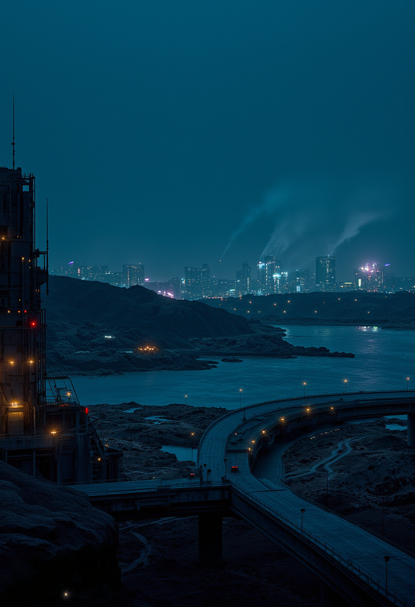 
dark fantasy aesthetic. timelapse, long exposure, , digital artwork of a futuristic, natural colors, , epic.  luminescence, ultra realistic, hyper detailed, soft lighting , epic scale.
(detailed digital painting, detailed oil painting). 

gradient deep blue sky, depth of field,
starry sky, city lights, slag heaps in the distance, in the distance you can see the river, working factories, multi-storey buildings, rock dumps, rare smoke from pipes, slightly pink night sky after sunset, beautiful, masterpiece, highly detailed, professional photo, 8K. (Depth of field),,. 




Sharp shadows on the ground. phantasmagoria. An otherworldly atmosphere., . unimaginable quality, 8K, ..
 monumental,  Otherworldly atmosphere. 
(Depth of field), detail. mythp0rt, Stylish, charismatic.,,.


 .

 ..


 An otherworldly atmosphere.
(Depth of field), low saturation, detail. mythical, stylish, charismatic. ,
, masterpiece, ,Image quality, , CPA,
UNI_SCI_FI_CORE..


..
, . igiex. .UNI_SCI_FI_CORE. j-art, j_art, illustration-fen,
