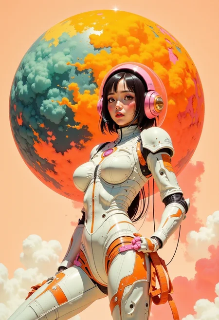 Vivid photo, masterpiece, high-quality,  high contrast, smoke effects, motion blur, dynamic lighting, A futuristic pin-up character in a sleek spacesuit, posed playfully against a peach-colored background with a teal and yellow planet behind her. Her spacesuit has bright orange and pink accents, adding a playful retro-futuristic charm. The high-contrast color palette and pose blend classic pin-up energy with vibrant, sci-fi style.