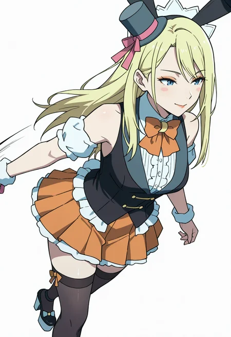 Smooth Quality,masterpiece,very intricate, high quality details, ultra realistic, high detailed skin,detailed enviorement,absurdres,
 <lora:Moonbeams_Manager_CNR:0.7> moonbear_cnr, 1girl,blonde hair, long hair, blue eyes,rabbit ears, fake animal ears, bare shoulders, makeup, lipstick, mini top hat, black vest, shirt,puffy short sleeves, detached sleeves, wrist cuffs,orange pleated skirt, black thighhighs, frills,bowtie, platform footwear,, simple background, white background, dynamic angle,solo,
walking, arms swinging, relaxed shoulders, looking forward, natural movement,  ,, blush stickers,, ^q^,