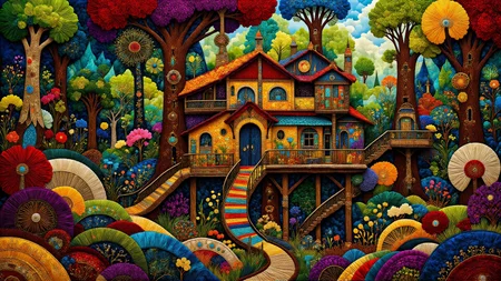 a fantasy steampunk treehouse in a forest of giant redwood trees <lora:midjourney_whisper_chromaplex_v1:0.9> <lora:Embroidered_Quilting_Flux:0.9>