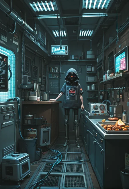 ,ruanyi0779,science fiction,neon lights,cable,industrial pipe,
kitchen,kitchen hood,<lora:0779 science fiction world_v1_pony:1>, score_9,score_8_up,score_7_up,,8k,1girl,solo,