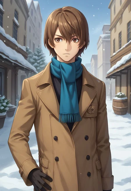score_9, score_8_up, source_anime, highly detailed, 1boy, solo, male_focus, slender, skinny,
goro, solo, 1boy, male focus, brown hair, gloves, hand on hip, brown eyes, brown eyes, black gloves, scarf, plide scarf, coat, brown coat,
outside, street, snow, cold,