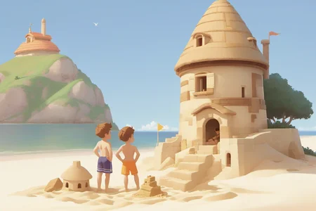 2boys, brothers on a beach, speedo, shirtless, summer, sand castle,a house,simple background,white background,<lora:changjingyuanhua:1>,