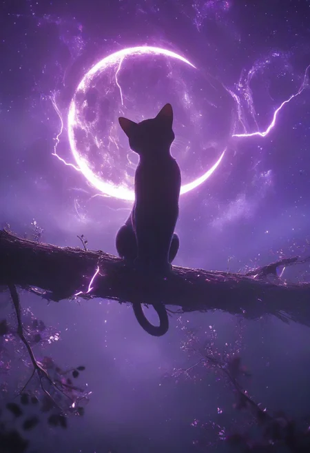 realistic,detailed background,score_9,score_8_up,score_7_up,masterpiece,best quality,
<lora:(增强)sdxl_lightning_8step_lora:1>,<lora:glowneon_xl_v1:1>,glowing,<lora:ExpressiveH:0.8>,Expressiveh,<lora:(增强)Hands XL 4:1>,perfect hands,
Surreal night scene,silhouette of a cat sitting on a tree branch,crescent moon in the sky,purple hues,starry night,dreamlike atmosphere,glowing edges,mystical,high contrast,ethereal light,detailed textures,whimsical,