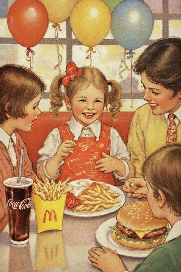 jessiewillcoxsmith1 illustration.
A four-year-old girl with twin pigtails is celebrating her birthday at McDonald's, a place that feels like a magical playground for children. The joy on her face is unmistakable as she sits at a table set with a colorful array of items: crispy McDonald's fries in a bright yellow packet, a refreshing cup of Coca-Cola, and a juicy hamburger wrapped in its iconic packaging. Her pigtails bounce playfully as she moves, adding to the lively atmosphere. The table is also adorned with festive decorations, including balloons and streamers that match the vibrant McDonald's red and yellow color scheme. Family members gather around, their smiles reflecting the warmth and love of the occasion. The lighting inside the restaurant is soft yet bright, creating a welcoming environment that highlights the happiness of the moment. This scene captures the pure delight and excitement of a young child's birthday celebration, set against the backdrop of a beloved fast-food chain, where simple pleasures bring immense joy
<lora:jessiewillcoxsmith1_cap_d8a4e12:1.0><lora:850659122675229070:0>