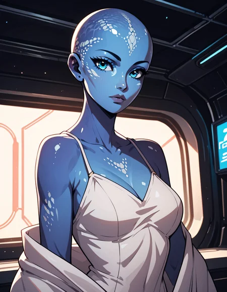 score_9, score_8_up, score_7_up, score_6_up, score_5_up, score_4_up, 1girl, zhaan, beautiful, blue skin, alien skin, blue eyes, pretty face, solo, silk sari, looking at viewer, bald, interior: dark space ship,  <lora:OOPS-000007:0.6> <lora:NeonLights_VPS:1.0> n30n, neon lights, dramatic lighting