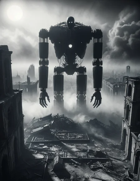 Shot from a bird's-eye view, a four-meter tall colossal onyx drdnght machine, marked with the iconography of the Iron Hands Chapter, marches stoically through the ruins of a shattered cityscape, the scene captured on black and white film, imbuing the image with a somber elegance befitting the sons of Ferrus Manus <lora:ral-ertmsphr:1> ral-ertmsphr